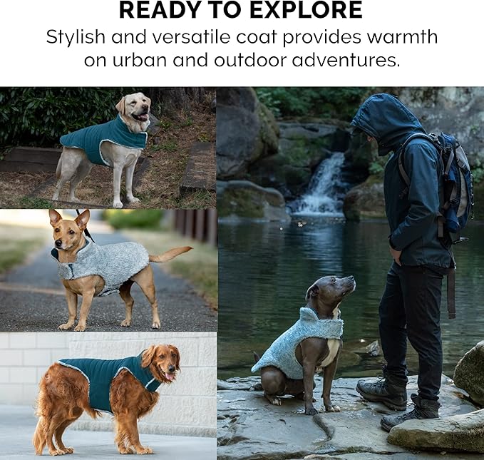 Furhaven Reversible Medium Dog Coat, Washable & Insulating w/ Leash Access - Two-Tone Faux Fur & Quilted Fleece Flex-Fit Jacket - Marine Blue, Medium