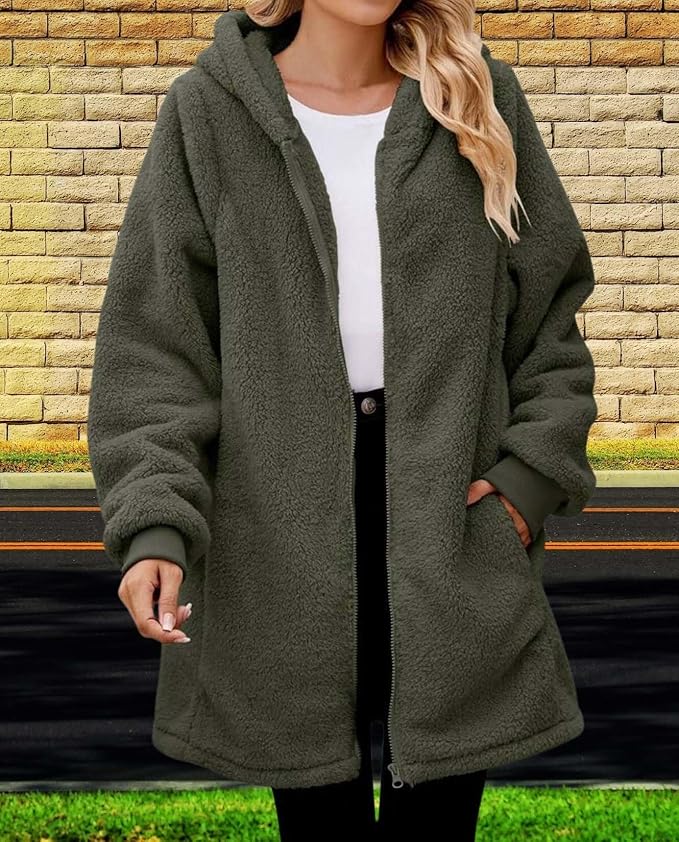 LIZALIG Women's Oversized Fleece Jacket Hooded Zip-Up Cardigan Coat with Pockets Warm Winter Casual Wear for Vacation
