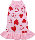 cyeollo Dog Sweater Dress Valentines Day Dog Clothes Pullover Turtleneck with Leash Hole Heart Pattern Holiday Theme Female Pet Apparel for Small Dogs