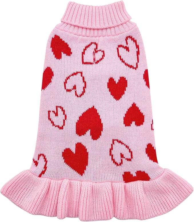 cyeollo Small Dog Sweater Dress Valentines Day Dog Clothes Pullover Turtleneck with Leash Hole Heart Pattern Holiday Theme Female Pet Apparel