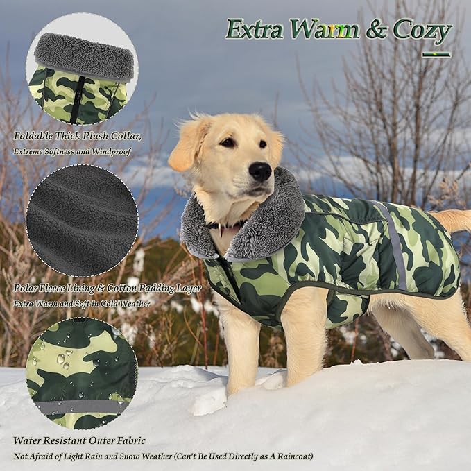 Dogcheer Warm Dog Coat, Waterproof Dog Jacket Reflective Adjustable Puppy Winter Coat with Buckle, Christmas Pet Snow Jacket Turtleneck Fleece Sweater for Small Medium Large Dogs- Camo Green, S