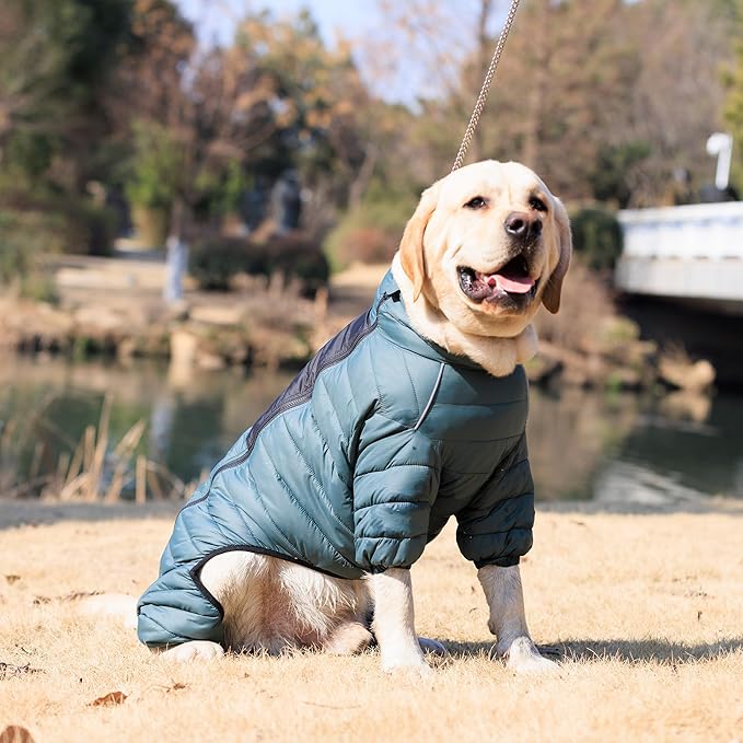 Lovelonglong Dog Coat Dog Warm Jacket, 4 Legs Covered Waterproof Windproof Reflective Warm Dog Vest, Zippered Adjustable Outdoor Dog Snow Jacket for Small Medium Large Dogs ArmyGreen XL