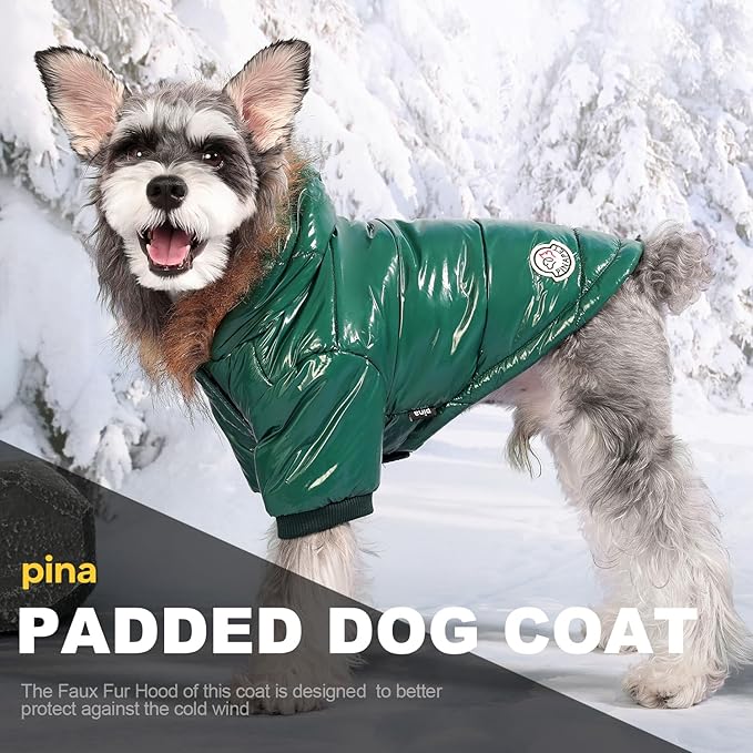 PINA Dog Winter Coat with Faux Fur Hood, Windproof and Warm, Suitable for Small to Large Dogs, Green, Large