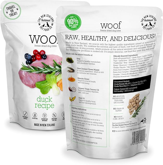 The New Zealand Natural Pet Food Co. Woof Freeze Dried Dog Food - Duck Recipe, High Protein, Complete Diet, Dog Treats, All Life Stages - 1.76 oz