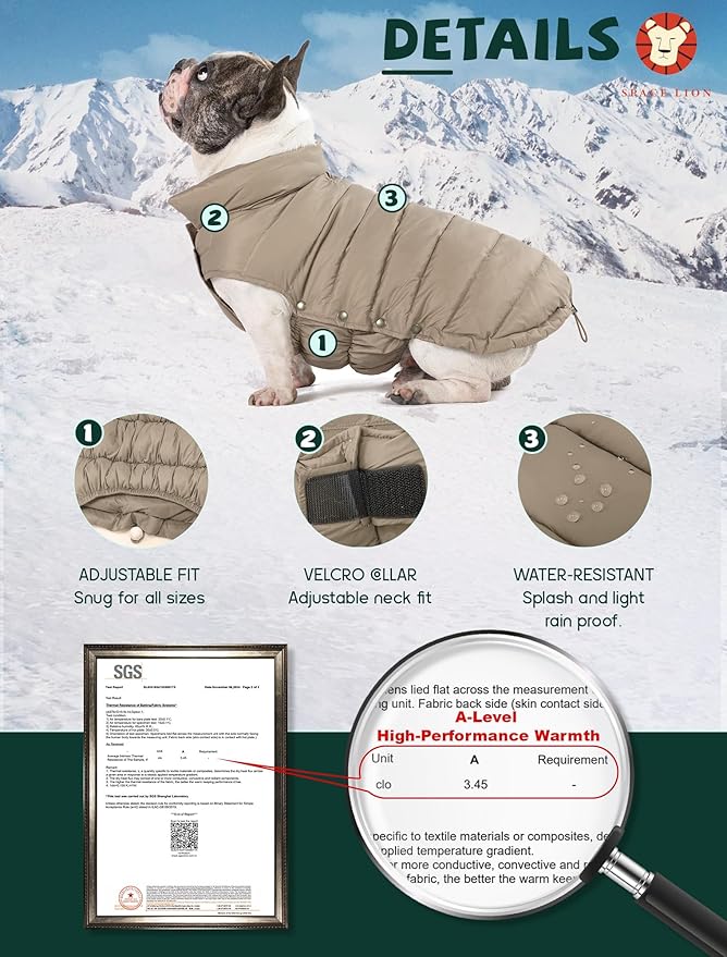 SPACE LION Dog Puffer Jacket, Down Winter Coat, Durable Outdoor Coat for Cold and Windy Conditions, Waterproof, Lightweight Jacket, Adjustable Fit for Small, Medium, Large Dogs(Khaki,10/S)