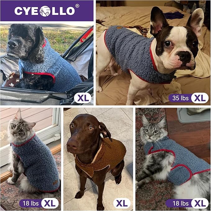 cyeollo Fleece Dog Jacket Sherpa Cozy Winter Dog Sweaters Reversible Pet Clothes Warm Cold Weather Coats for Small Dogs, Blue XL