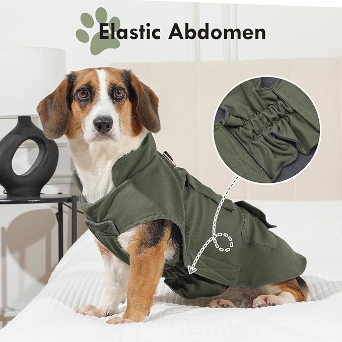 Workwear Style Dog Coats with Harness Built in for Small Dogs Windproof Warm Puppy Jacket with Storage Pockets for Cold Winter,Green XXXL