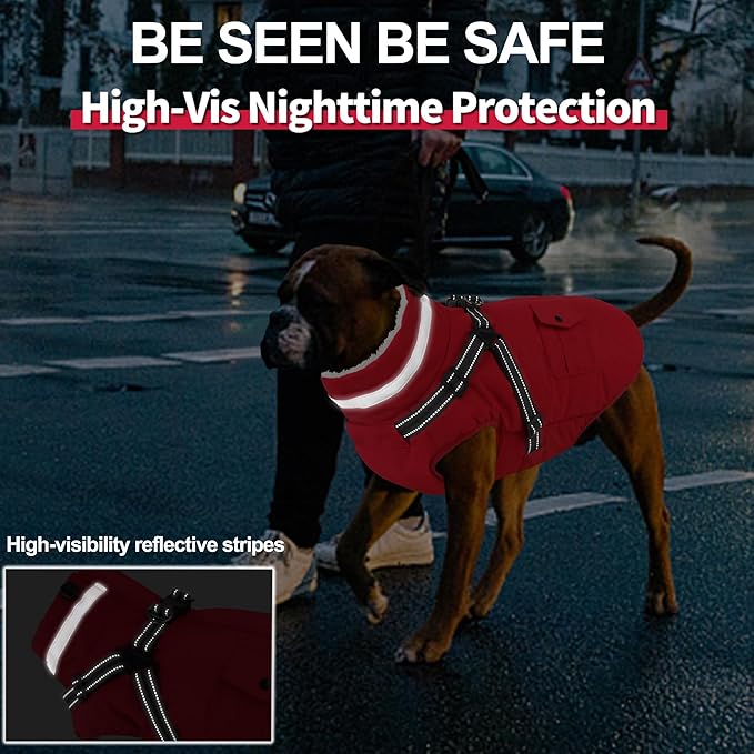 Dogcheer Dog Coat with Harness, Waterproof Warm Dog Winter Jacket with Pockets, Reflective Pet Fleece Jacket Turtleneck Snowsuit for Small Medium Large Dogs - Red, S