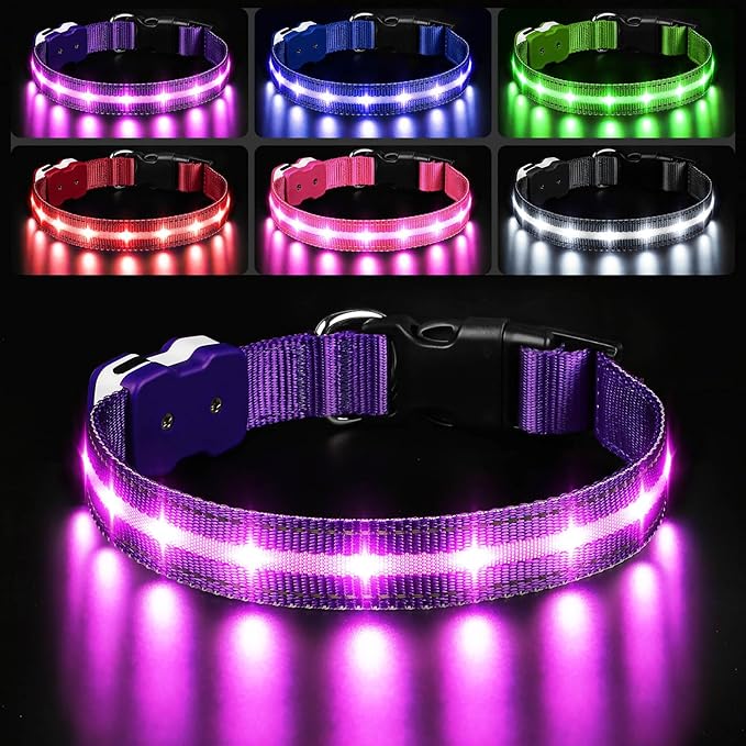 PcEoTllar Light Up Dog Collars, Led Dog Collar, Rechargeable, Night Walking, Waterproof, Glow in The Dark Dog Collars Light for Large Small Medium Dogs, Purple s