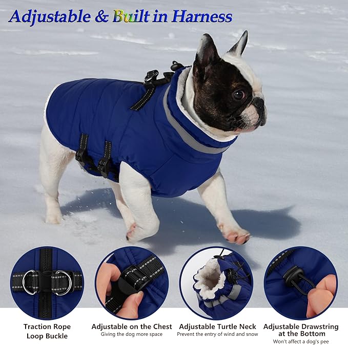 Dogcheer Dog Coat, Waterproof Dog Jacket with Harness, Reflective Adjustable Puppy Winter Coat with Zipper, Christmas Snow Jacket Clothes for Small Medium Large Dogs - Blue L