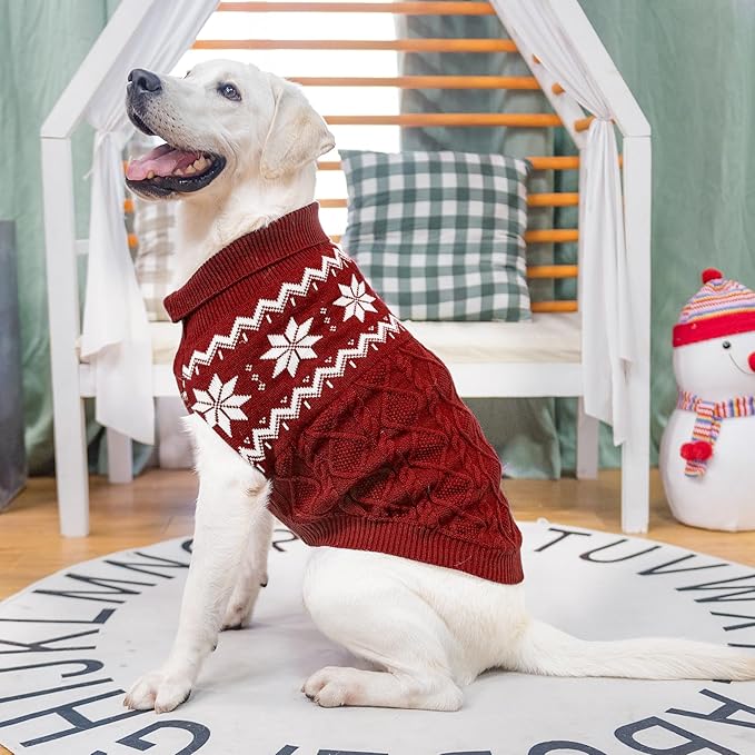 Warm Winter Pink Dog Sweater - Cold Weather Pet Clothes for Small Medium Large Dogs Indoor Outdoor, Soft Classic Knit Puppy Apparel Coat, Dark Red, L