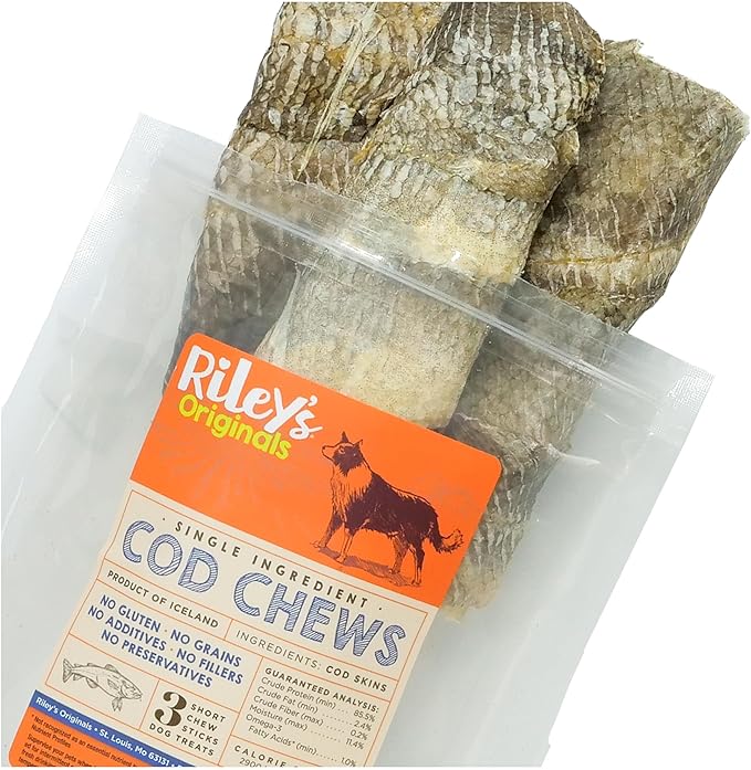 Riley's Cod Skins for Dogs - Air Dried Single Ingredient Dog Treats - Short, Hand Wrapped Cod Skin Dog Treats - Sustainably Caught in Iceland - 3 Pack 5 inch Chew Sticks