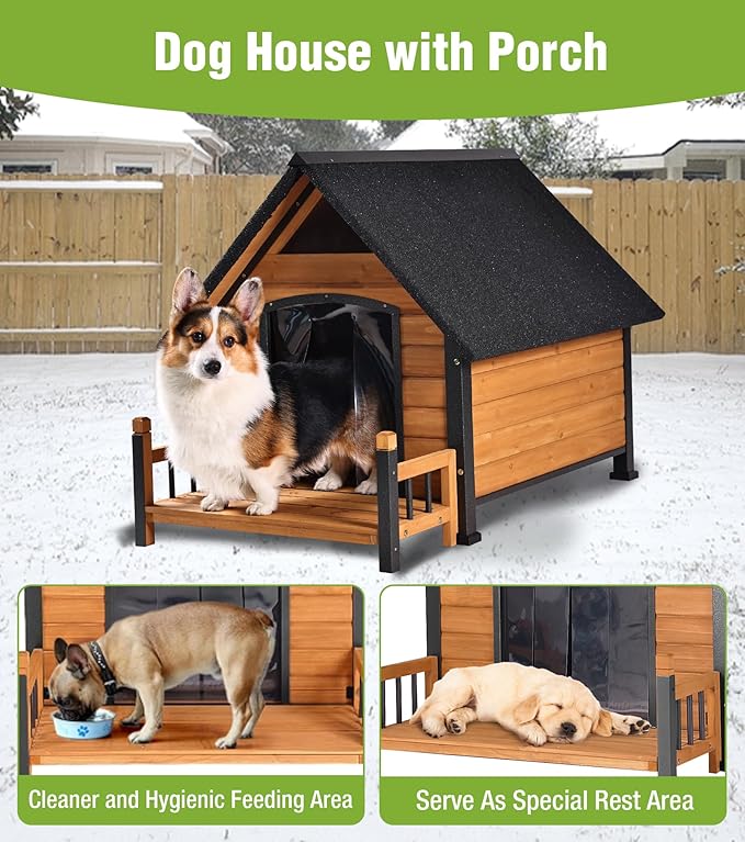 GUTINNEEN Heated Dog House Outdoor for Winter with Anti-Bite Design, Dog Kennel with Heating Blanket, Asphalt Roof, for Small to Medium Dogs - Brown