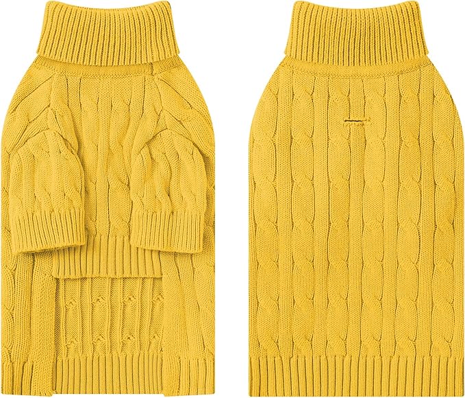 Small Dog Thermal Pullover Sweater, Classic Turtleneck Cable Knitwear Dog Clothes for Cold Weather Warm Pet Clothes for Chihuahua, Bulldog, Dachshund, Pug Yellow XX-Large