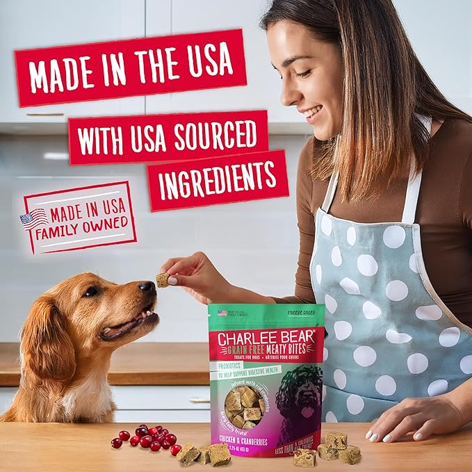 Charlee Bear Grain Free Meaty Bites Freeze Dried Dog Treats with Probiotics, Puppy Training Snacks, Soft Dog Bites Chicken with Cranberries, 2.25 oz Bags (2), Made USA