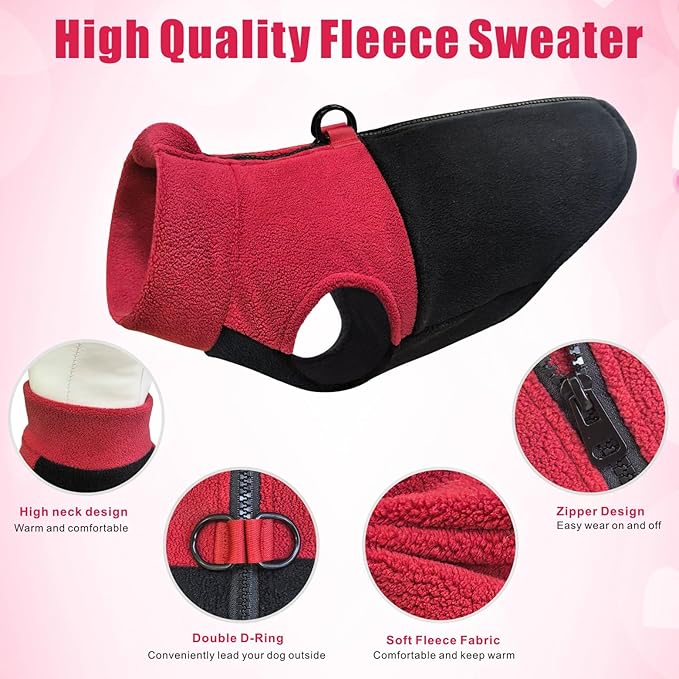 Idepet Dog Fleece Vest Sweater Zip Up Warm Pullover Dogs Jacket with D-Ring Leash Winter Cold Weater Coat Pet Sweatershirt Clothes Hoodie for Small Medium Dogs Boy Girl (Red/Black, XS)