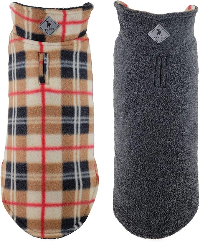 The Worthy Dog Fargo Fleece Plaid Dog Jacket, Adjustable Reversible with Harness Hole, Wind-Resistant, Winter Outdoor Clothes for Pets, Tan - 18''
