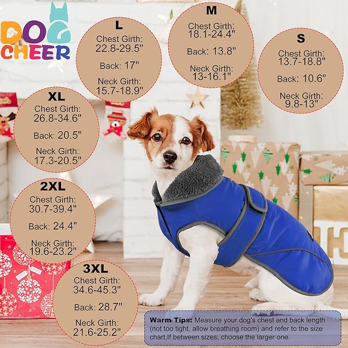 Dogcheer Dog Coat, Waterproof Dog Jacket Reflective Pet Winter Coat with Adjustable Hook & Loop, Christmas Puppy Fleece Jacket Warm Turtleneck Snowsuit for Small Medium Large Dogs - Blue, S
