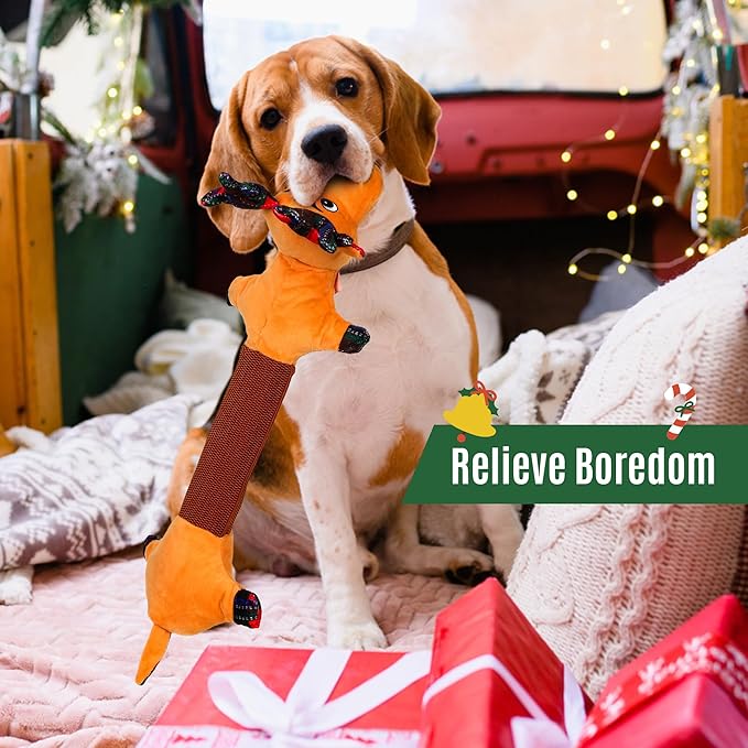 IOKHEIRA Christmas Dog Toys Squeaky Plush Crinkle Rope – Interactive Tug-of-War Chew Toy for Small Medium Large Breeds, Cute Holiday Reindeer Gift