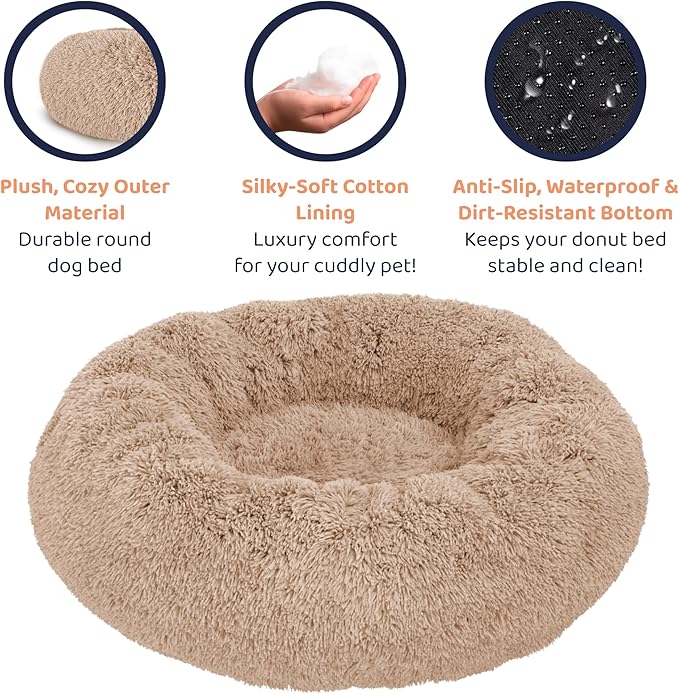 Donut Dog Bed - Premium Comfort for Anxiety Relief - Fluffy & Calming Design with Ultra-Plush Support | Cozy Round Dog Bed with Super Soft Circle Style (Size L Camel)
