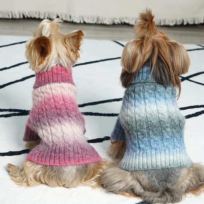 KYEESE Dog Sweater Cable Knit Thick Fuzzy Dog Knitwear Turtleneck Warm with Sleeves Dogs Clothes Gradient Color, Blue, XLarge