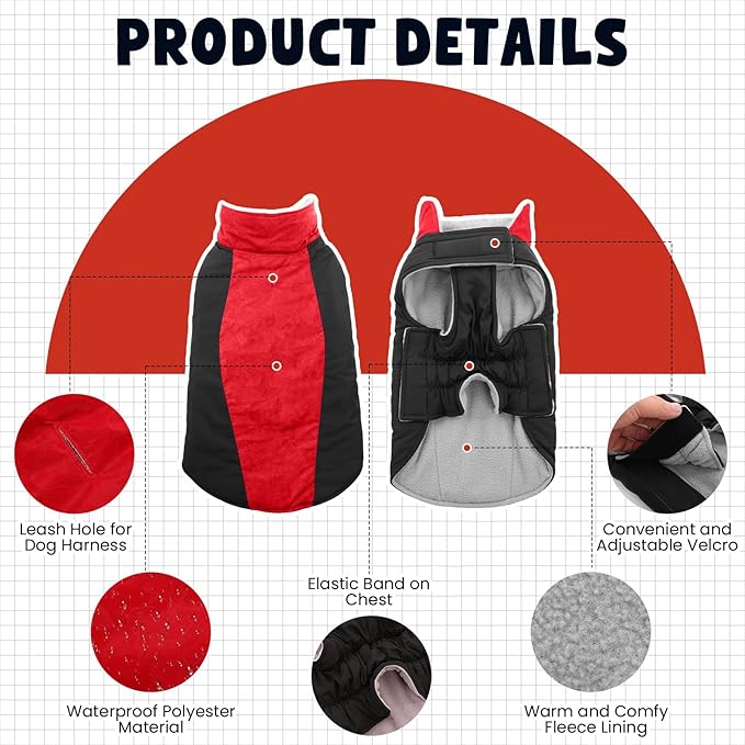 Warm Dog Coat,Waterproof Jacket in Winter Adjustable and Reversible Doggy Fleece Outfit,Thick Clothes with Foldable Collar for Puppy in Cold Days,3XL Red