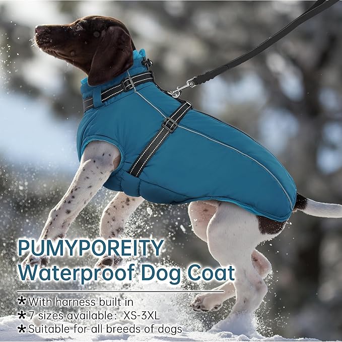 PUMYPOREITY Dog Jackets for Large Dogs, Warm Dog Winter Coat with Harness Built in, Fleece Jacket with Back Zipper, Cold Weather Coats for Outdoor, Waterproof & Windproof Pet Snowsuit, Blue, XL