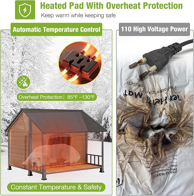 GUTINNEEN Heated Dog House for Outside Large Insulated Dog House Outdoor with Safe Heated Pad, Chew-Proof Metal Frame and Insulated Liner for Medium to Large Dogs, 44.5" L x 45" W x 35" H