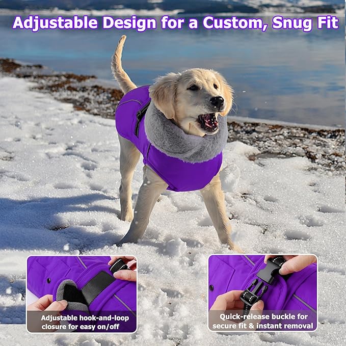 Dogcheer Dog Coat with Pocket, Waterproof Dog Jacket with Adjustable Buckle, Reflective Puppy Winter Coat Warm Turtleneck Fleece SnowJacket for Small Medium Large Dogs - Purple 3XL