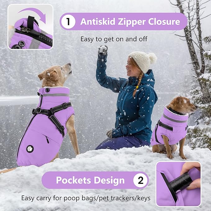 Dogcheer Dog Coat with Harness, Waterproof Dog Jacket, Reflective Puppy Winter Jacket with Pocket, Doggy Turtleneck Fleece Vest for Small Medium Large Dogs - Taro Purple, M