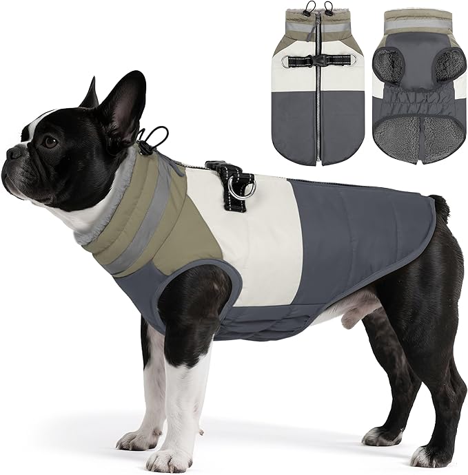 Dog Coats for Small Dogs, Waterproof Warm Dog Winter Jacket with Harness Built in, Reflective Puppy Cold Weather Coats Zip-up Pet Vest with Fleece Lined Dogs Snowsuit, Grey Small