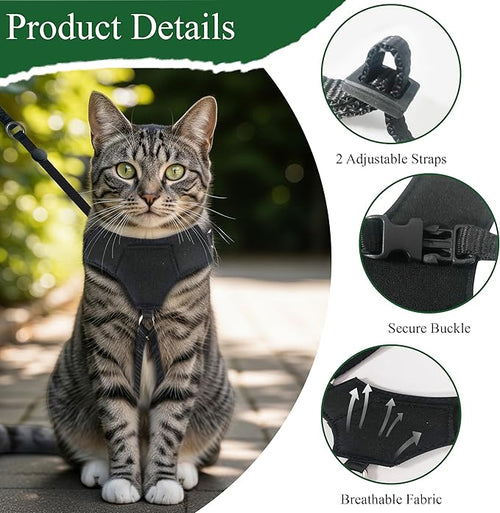 A1HC Escape Proof Cat Harness and Leash - Soft Adjustable Vest, Comfortable Mesh and Long Strips with Air Tag Pocket, Easy Control, Safe Walking Harness for Cats & Kittens - Black (Medium)
