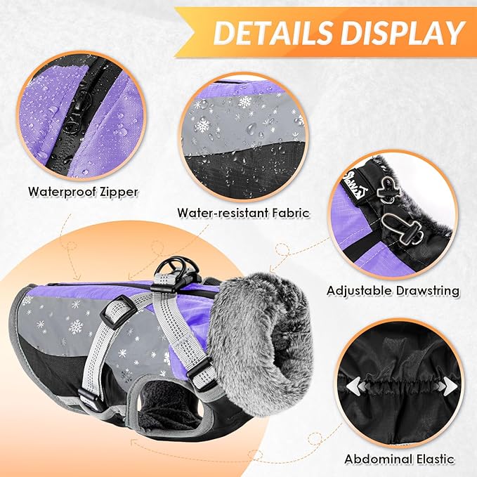 SlowTon Dog Jacket with Harness Built in - Waterproof Fleece Winter Warm Dog Coats for Small Medium Dogs, Reflective Adjustable Furry Puppy Vest Clothes for Outdoor Walking (PU, L)