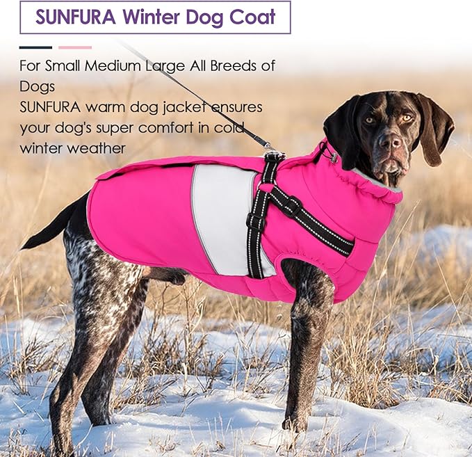 SUNFURA Dog Jacket, Large Dog Coat with Harness Built in, Warm Pet Winter Jacket Zippered Snow Coat with Furry Collar, Waterproof Fleece Snowsuit for French Bulldog, Hot Pink L