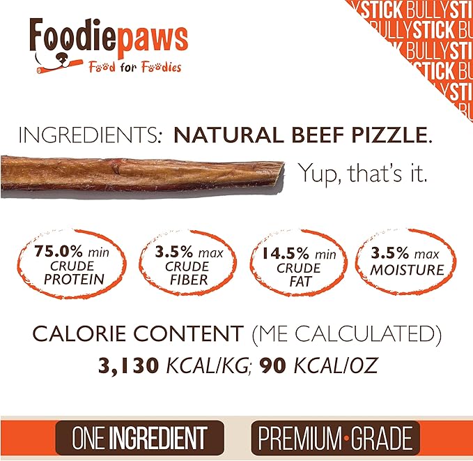 FOODIEPAWS 12 Inch Jumbo Bully Sticks for Dogs, 5 Pack |Thick, Grass-Fed Beef Pizzle Chews | All Natural, Rawhide-Free & Fully Digestible | High Protein, Long Lasting Dog Treats for Heavy Chewers