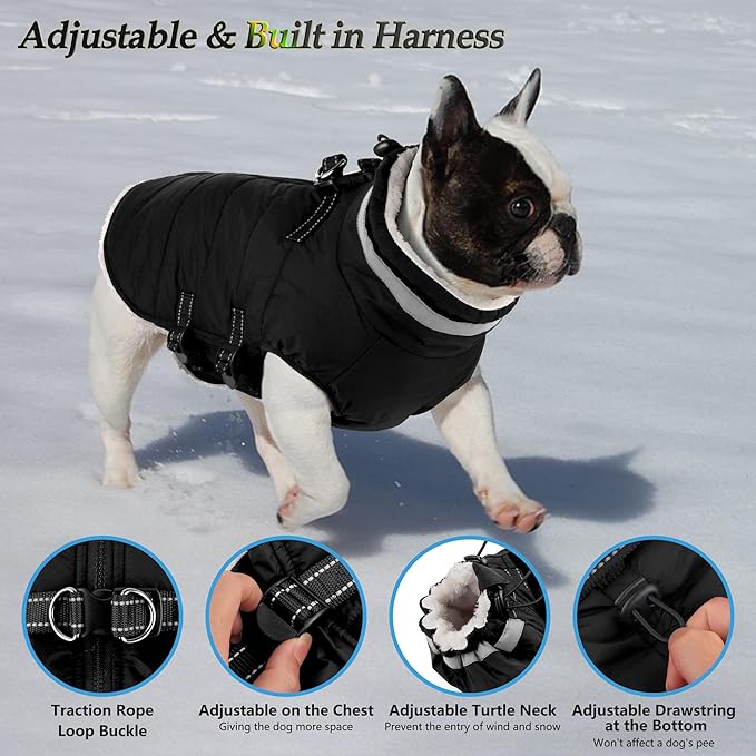 Dogcheer Dog Coat, Waterproof Dog Jacket with Harness, Reflective Adjustable Winter Coat with Zipper, Christmas Pet Snow Jacket Clothes for Small Medium Large Dogs - Black M