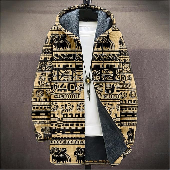 Mens Aztec Print Hoodie Heavyweight Cotton Fleece Jacket Zip Up Warm Long Sleeve Hooded Winter Midi Coat