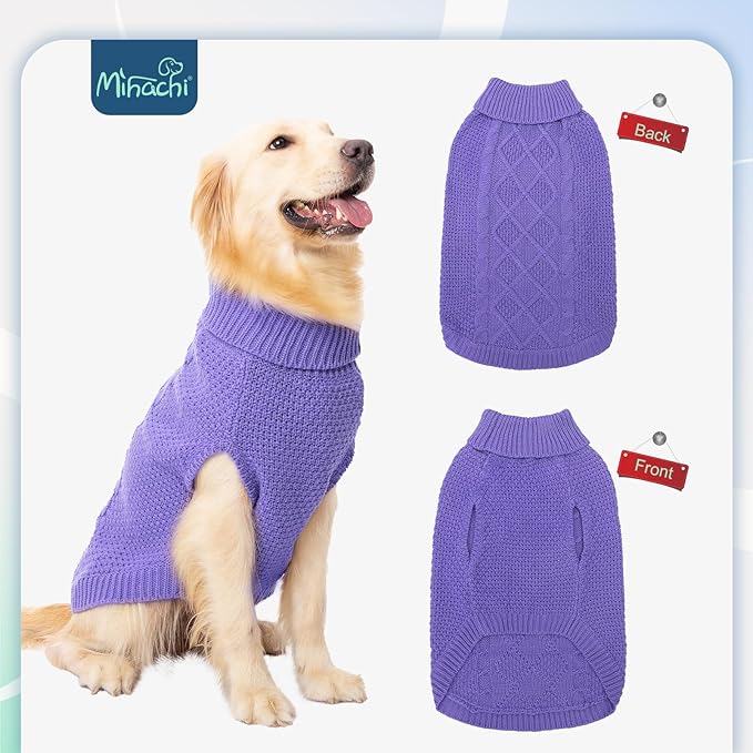 Mihachi Turtleneck Dog Sweater - Winter Coat Apparel Classic Cable Knit Clothes with Leash Hole for Cold Weather, Ideal Gift for Pet in New Year Light Purple L