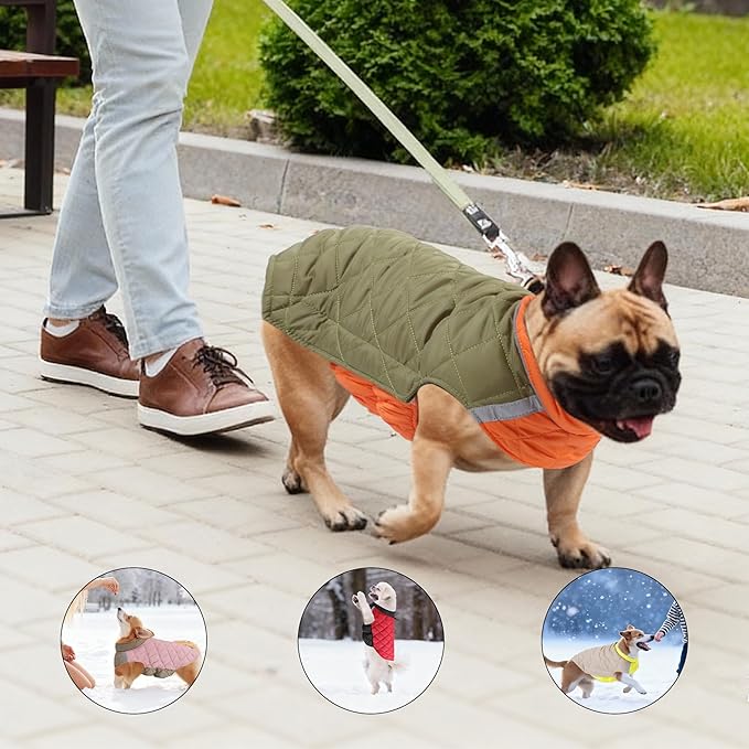 Quilted Dog Winter Coat, Plaid Lined Reversible Vest, Reflective Safety Strip, Cold Weather Pet Apparel Army Green M