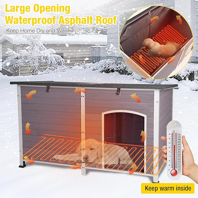 Heated Dog House with Electric Heating Pad Extra Large 59.1" Outdoor & Indoor Dog Kennl with Insulated Liner Keep Warm in Winter, Waterproof Pet Shelter, Strong Metal Frame，35.4"D x 59.1"W x 35.4"H