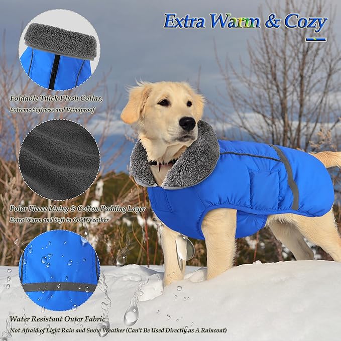 Dogcheer Warm Dog Coat, Waterproof Dog Jacket Christmas Puppy Winter Coat with Buckle, Reflective Adjustable Pet Snow Jacket Turtleneck Fleece Sweater for Small Medium Large Dogs - Blue, M