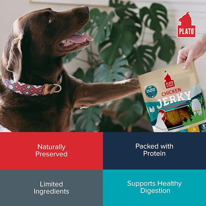 PLATO Pet Treats Dog Treats - Air-Dried Jerky - Delicious, Real Meat - Grain Free - Supports Healthy Digestion - Chicken with Goat Milk 7oz