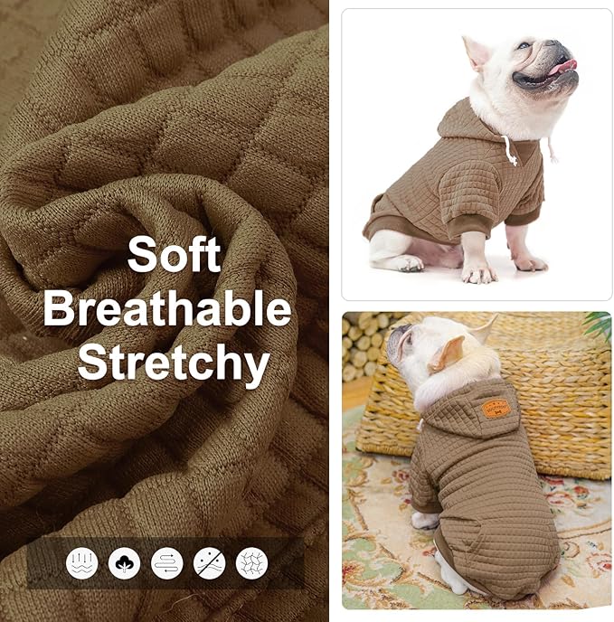 BEAUTYZOO Small Dog Hoodie Sweater with Pockets, Dog Clothes for Small Medium Dogs Boy Girl, Waffle-Like Laminated Cotton Pet Coats with Hat and Leash Hole, Khaki SM
