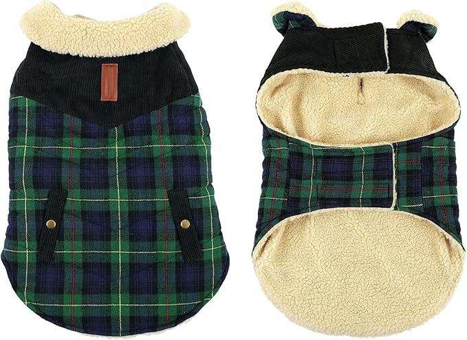 Winter Coat for Small and Medium Dogs, Puppy Plaid Jacket, Cotton Coat for Cold Weather, Windproof Warm Dog Garments, Pet Thickened Outfits Indoor Outdoor, Green S