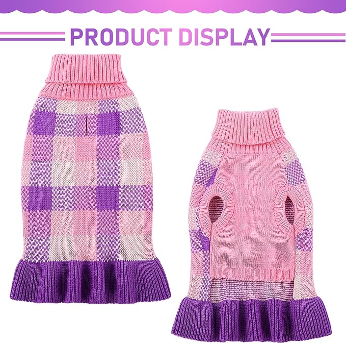 Dog Sweater Dress Plaid Knitwear for Small Medium Dogs Warm Puppy Pet Turtleneck Stretch Pullover Cute Fall Winter Vest Clothes with Leash Hole for Christmas (Purple, 2XS)