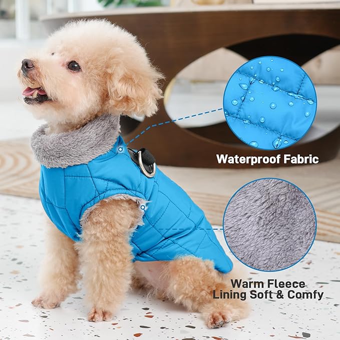 Warm Fleece Dog Coats with Durable Harness Buitl in D-Ring,Waterproof Doggie Jacket for Medium Dogs,Dog Vest for Cold Winter,Light Blue L