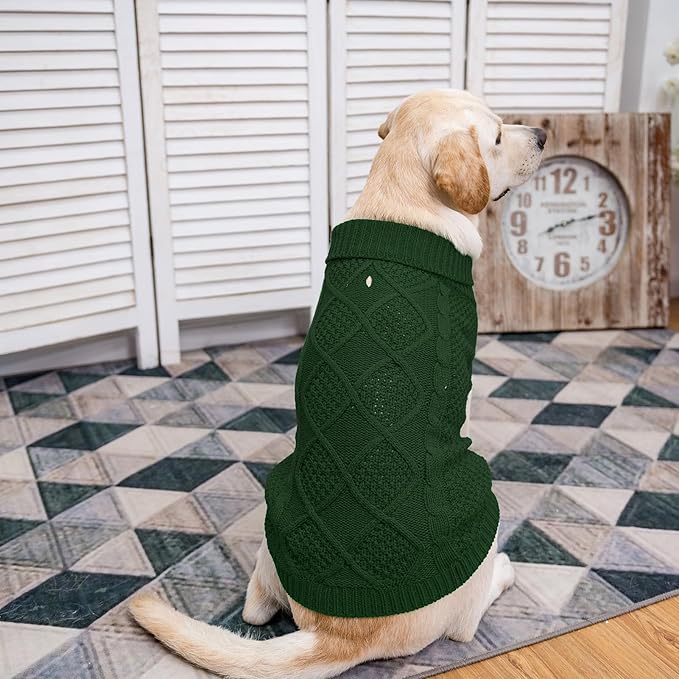 Mihachi Turtleneck Dog Sweater - Winter Coat Apparel Classic Cable Knit Clothes with Leash Hole for Cold Weather, Ideal Gift for Pet in New Year Army Green Large