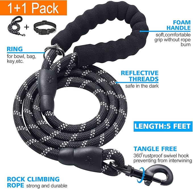 Reflective Dog Collar Padded with Soft Neoprene Breathable Adjustable Nylon Dog Collars for Small Medium Large Dogs (Small (Pack of 1), Black Collar+Leash)