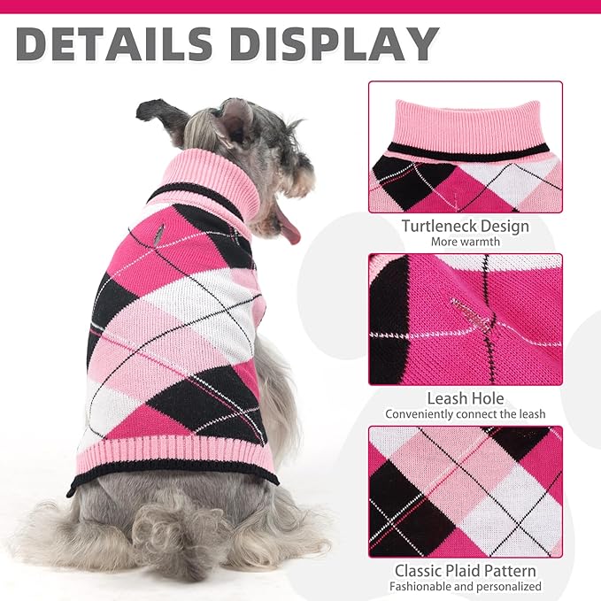 KOOLTAIL Dog Sweater Pet Knitted Clothes - Classic Plaid Pull Over Turtleneck Dog Sweaters with Leash Hole Warm Dogs Winter Clothing for Small Medium Dogs Cats Puppy ML
