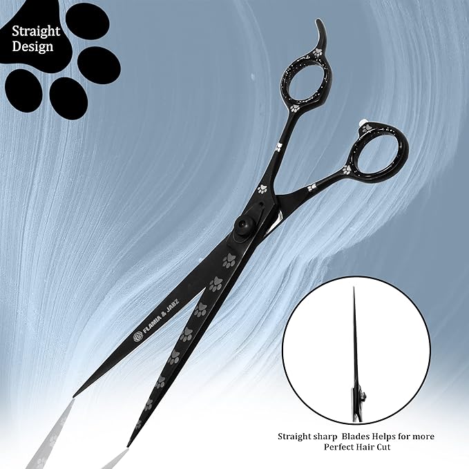 Professional Dog Grooming Scissors/Shears, Straight, with Paw Prints for Dogs, Cats & Pets (Right Handed, Black, Stainless Steel 8 Inch)